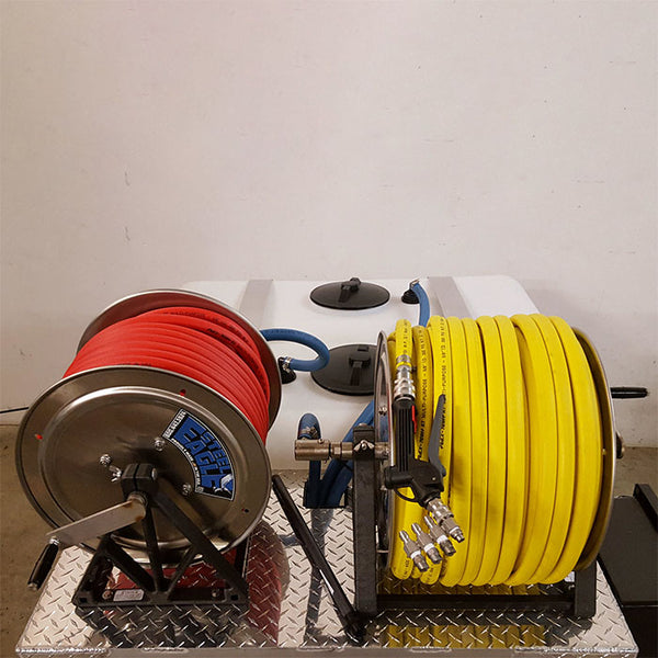 Soft Wash Equipment with red and yellow hoses on reels